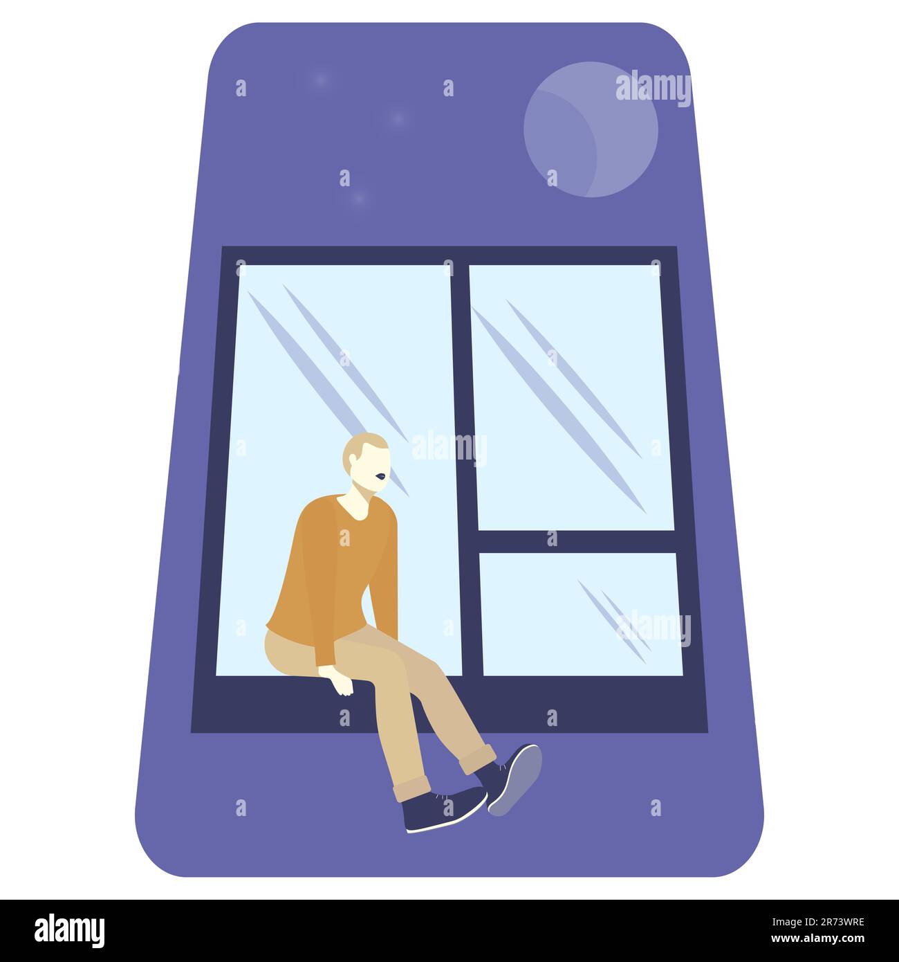 Der Mann sitzt auf dem Fensterbrett. Nachthimmel und Fenster. Vertikale Vektordarstellung. Isoliert auf weißem Hintergrund Stock Vektor