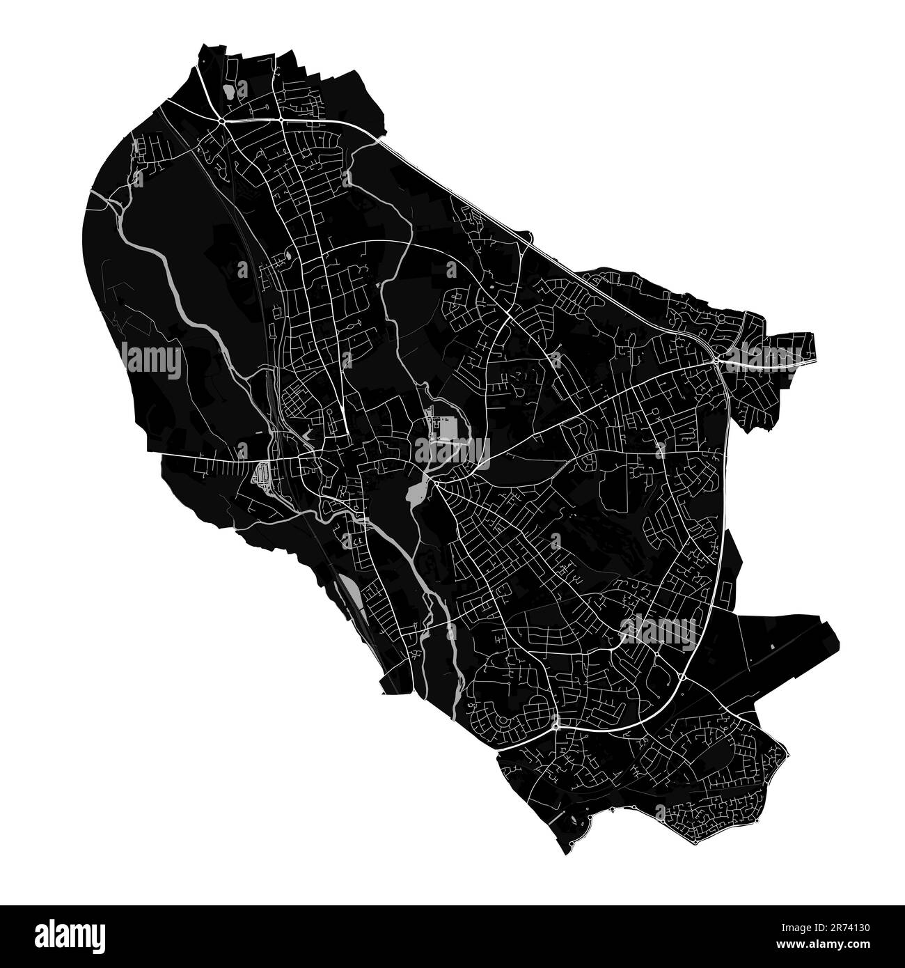 Schwarze Karte von Oxford City, England, Großbritannien. Detaillierte Verwaltungskarte mit Straßen und Eisenbahnen, Parks und Flüssen. Stadtgrenzen. Stock Vektor