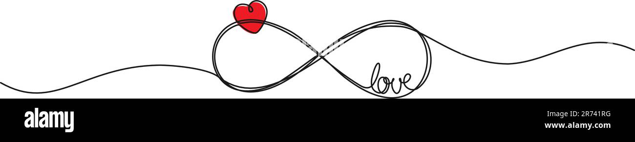 Fortlaufende einzeilige Zeichnung eines unendlichen Symbols mit Wort LIEBE und Herzform, ewige Liebeslinie Kunstvektordarstellung Stock Vektor