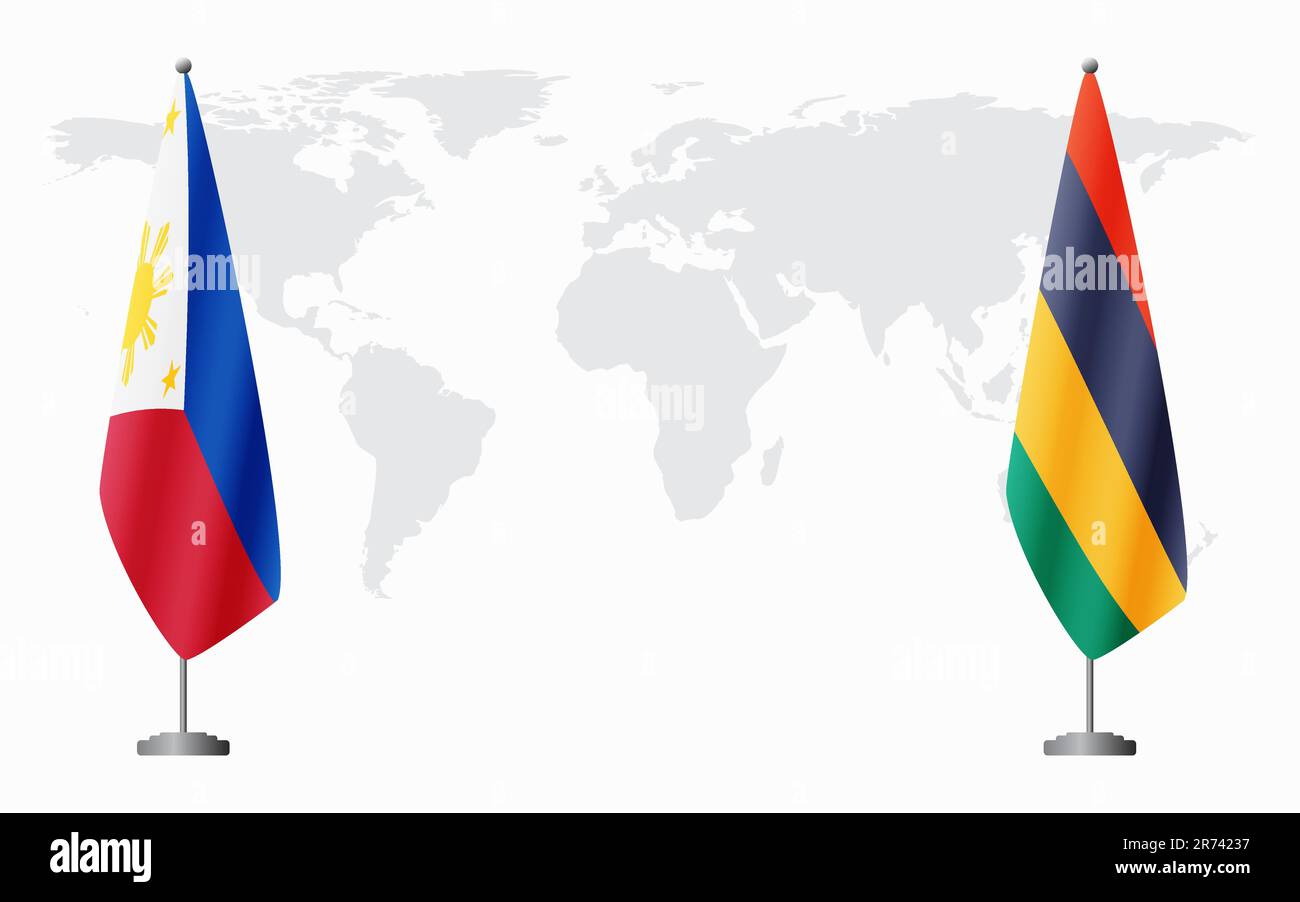 Flaggen der Philippinen und von Mauritius für offizielles Treffen vor dem Hintergrund der Weltkarte. Stock Vektor