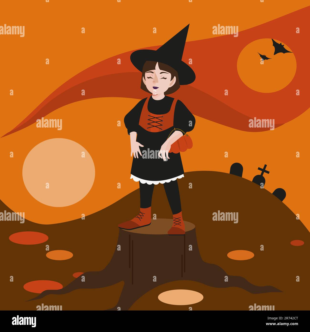 Halloween-Hexe mit nettem Gesicht, Kürbiskorb mit Süßigkeiten, steht auf einem Stumpf. Herbstlandschaft, Fledermäuse und Gräber. Flachvektor-Illustration Stock Vektor