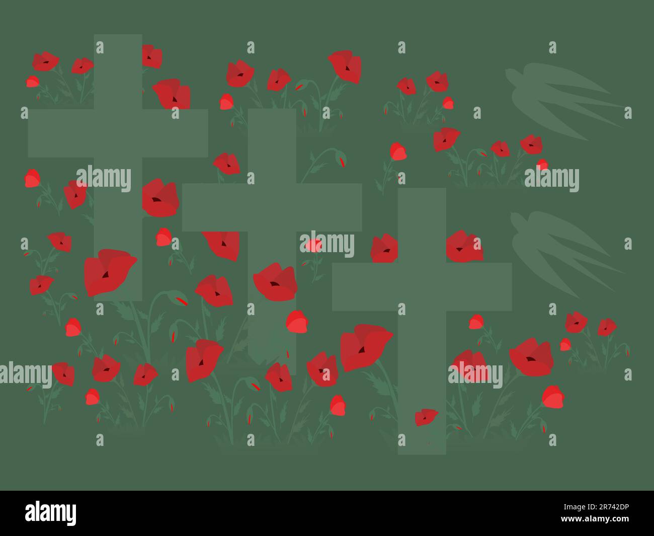 Kreuzt das Mohnfeld und schwalft den Friedhof mit Mohnblumen. Vektor-Illustration für Remembrance Day, Anzac Day Stock Vektor