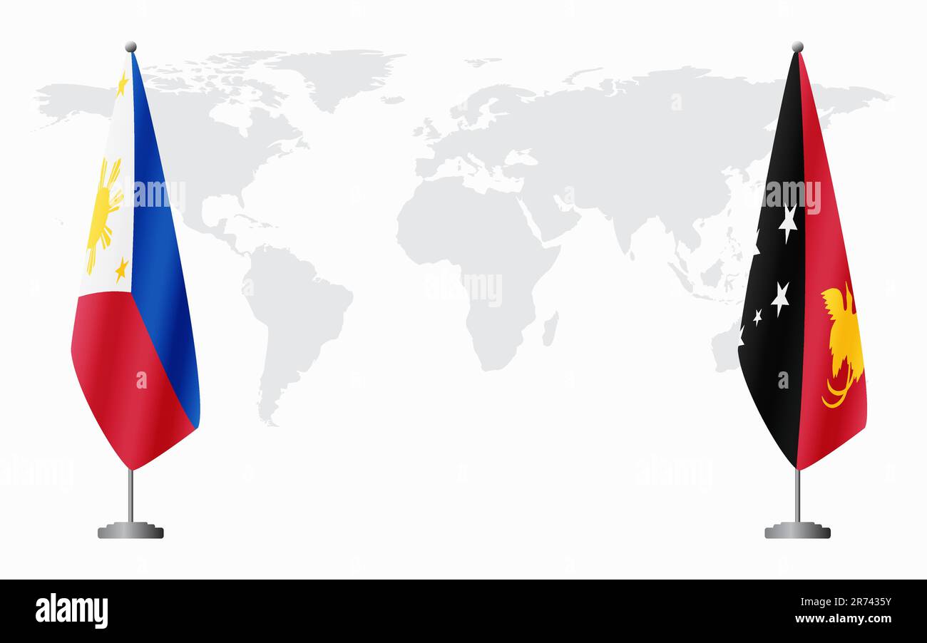 Flaggen der Philippinen und Papua-Neuguineas für offizielles Treffen vor dem Hintergrund der Weltkarte. Stock Vektor