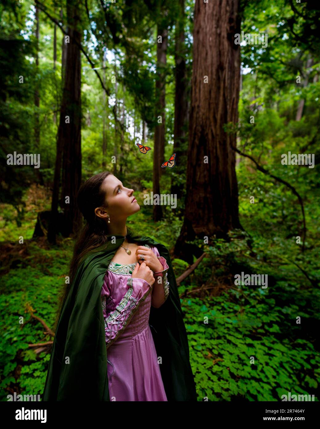 Märchenhafte Prinzessin in grünem Umhang und rosafarbenem Kleid mit Blick auf Schmetterlinge im Wald | Grün-Braun- und Pink-Farbtöne Stockfoto