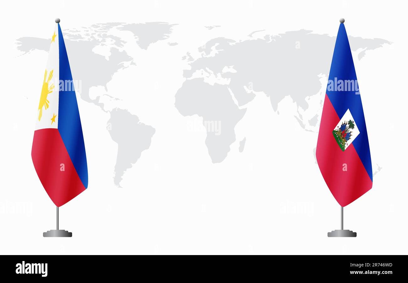 Flaggen der Philippinen und Haitis für ein offizielles Treffen vor dem Hintergrund der Weltkarte. Stock Vektor
