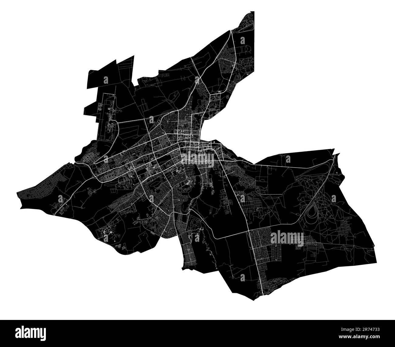 Al-Ain-Vektorkarte. Detaillierte schwarze Karte der Stadtverwaltung von Al Ain. Stadtbild-Poster mit Blick auf die Metropolitane Aria. Schwarzes Land mit weißen Straßen, Straße Stock Vektor