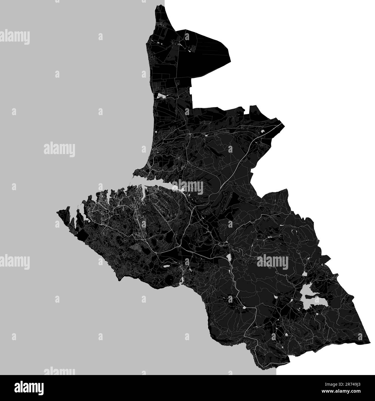 Sewastopol-Karte. Detaillierte schwarze Karte des Verwaltungsbezirks von Sewastopol. Stadtbild-Poster mit Blick auf die Metropolitane Aria. Schwarzes Land mit weißen Gebäuden, w Stock Vektor