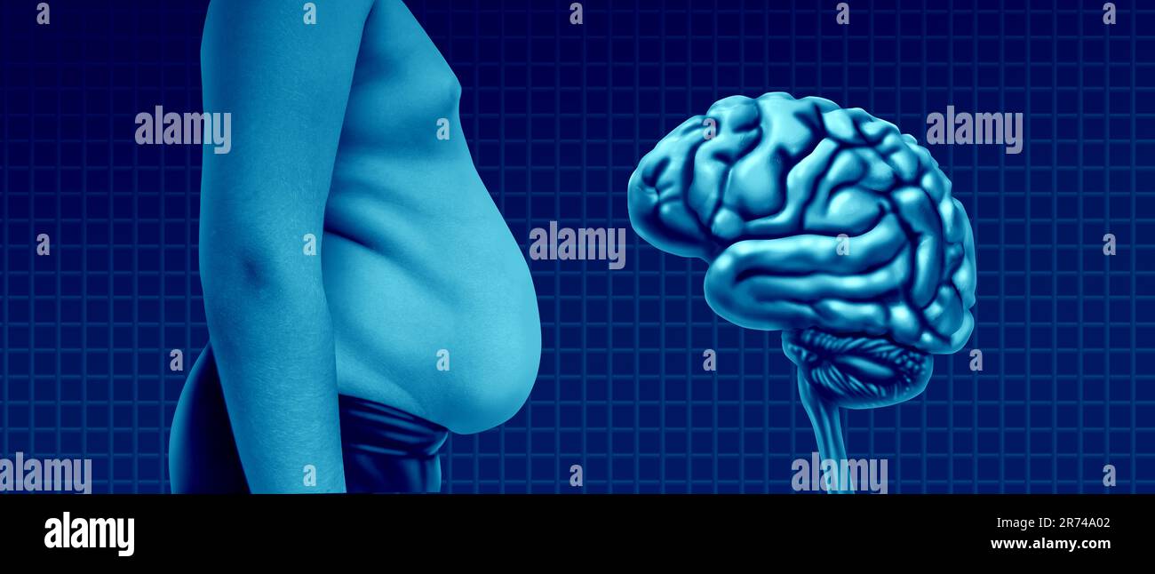 Adipositas und das Gehirn als Gewichtszunahme und Übergewicht oder Fettleibigkeit medizinische Bedingung ändern und schädigen den Geist, hungrig zu fühlen und zu essen Stockfoto