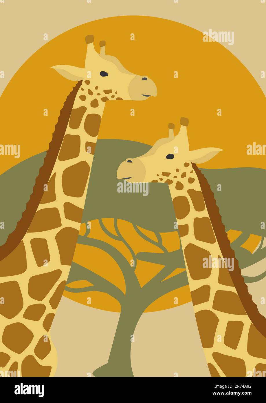 Illustrationsposter mit afrikanischen Savannah-Safari-Tieren. Stock Vektor