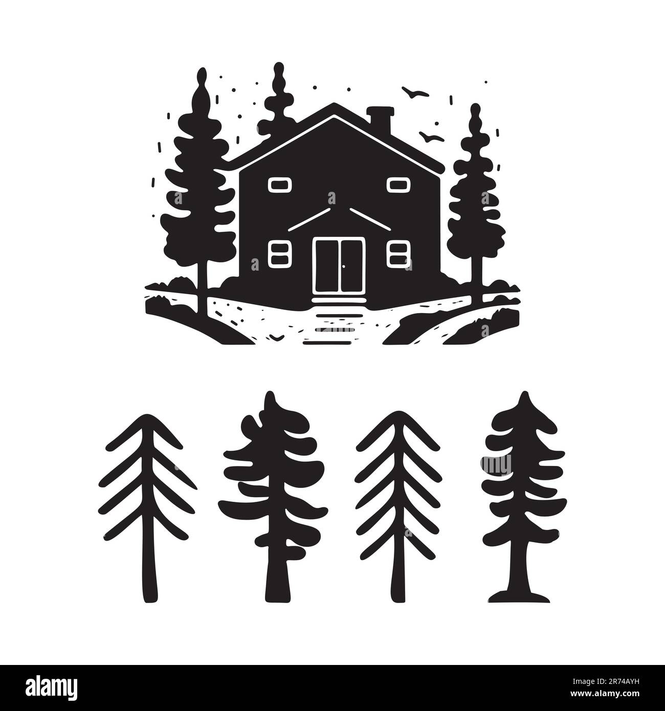 Eine Reihe von Vektordarstellungen für Holzhütten und Tannenbäume. Maskuline Outdoor-Reise im nordischen Linocut-Chalet in skandinavischer Urlaubsgruppe Stock Vektor