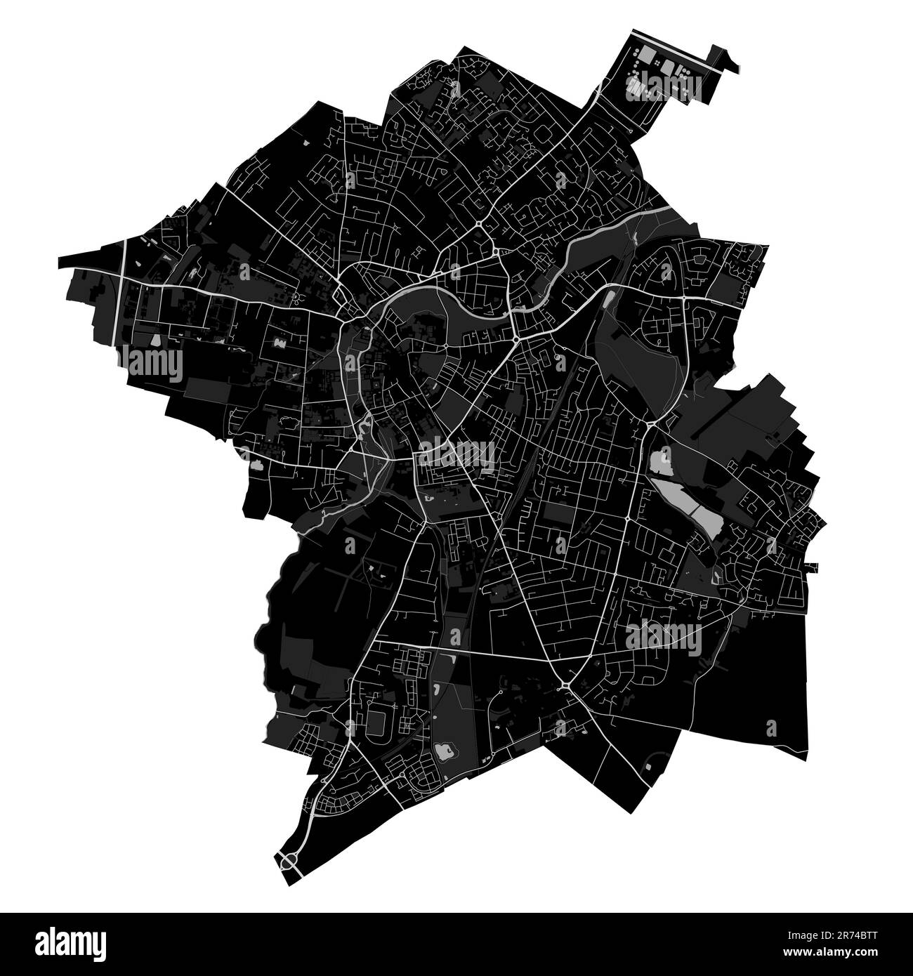 Cambridge City Black Map, England, Vereinigtes Königreich. Detaillierte Verwaltungskarte mit Straßen und Eisenbahnen, Parks und Flüssen. Stadtgrenzen. Stock Vektor