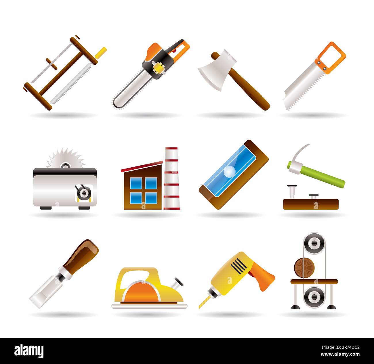 Holzverarbeitende Industrie und Werkzeuge für die Holzbearbeitung Symbole - Vektor Icon Set Stock Vektor