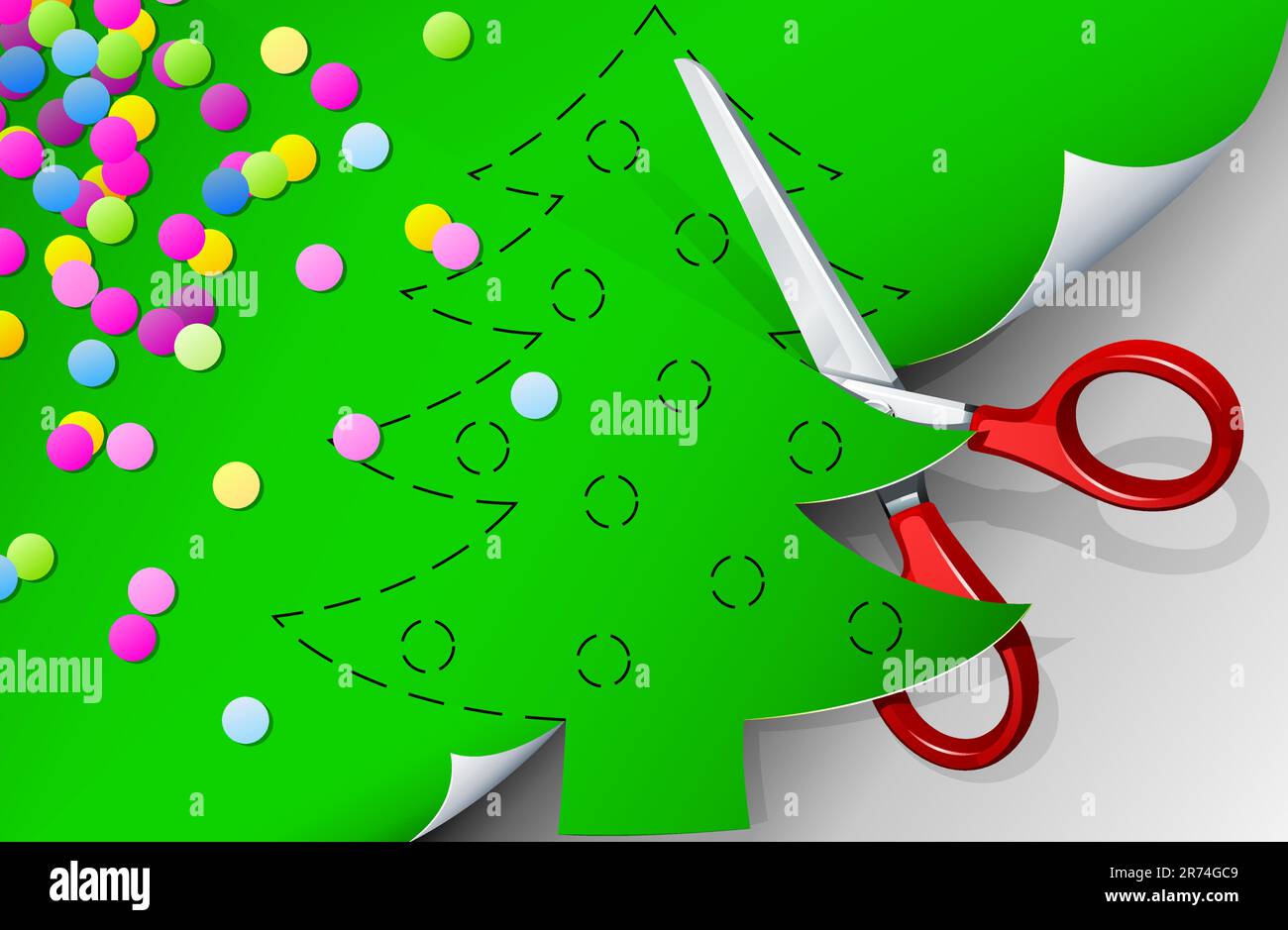 Schere schneidet Tanne der Vektordarstellung aus Papier aus Stock Vektor