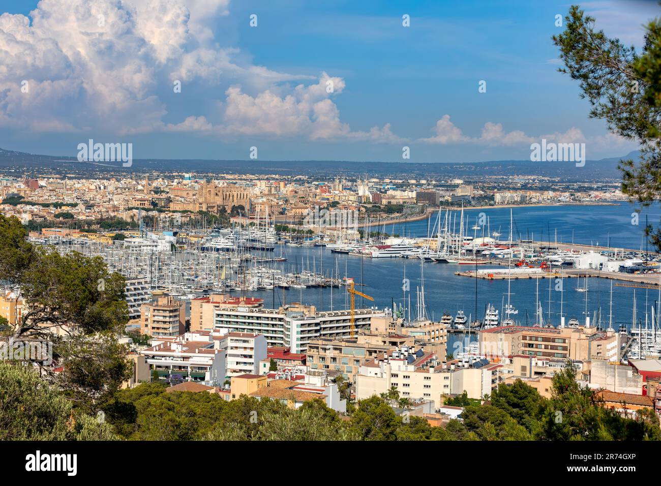 Malerischer Blick auf die Hauptstadt Palma de Mallorca. Blick vom Burghügel Bellver auf die Altstadt mit Kathedrale La Seu. Balearic Islands Mall Stockfoto