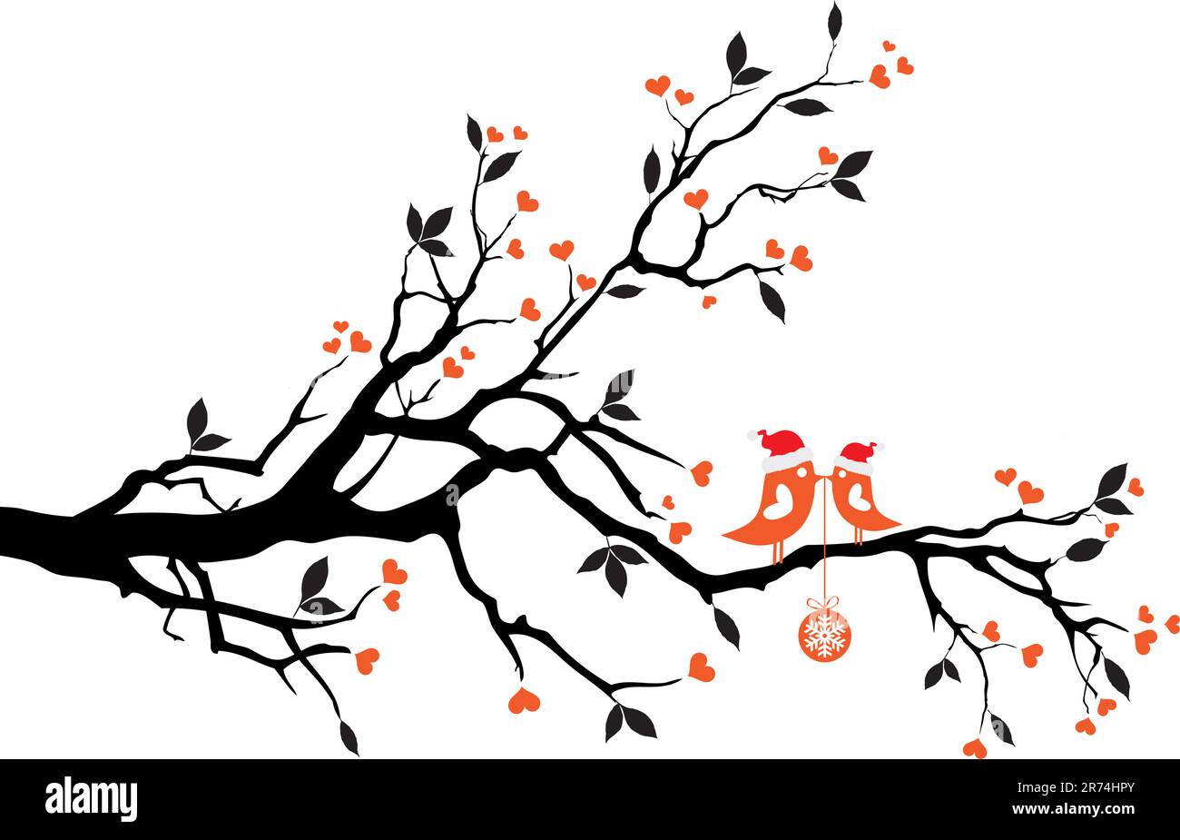 weihnachtsvögel mit weihnachtsball, sitzen auf einem Ast, Vektorhintergrund Stock Vektor