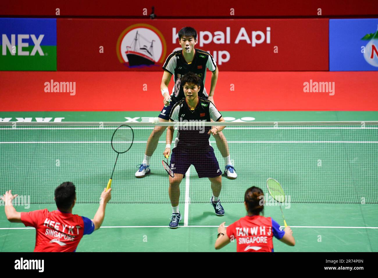 Jakarta, Indonesien. 13. Juni 2023. Chinas Feng Yanzhe (TOP)/Huang Dongping treten während des gemischten Doppelspiels in der ersten Runde gegen Singapurs Hee Yong Kai Terry/Tan Wei Han Jessica bei der Indonesia Open 2023 in Jakarta, Indonesien, am 13. Juni 2023 an. Kredit: Xu Qin/Xinhua/Alamy Live News Stockfoto