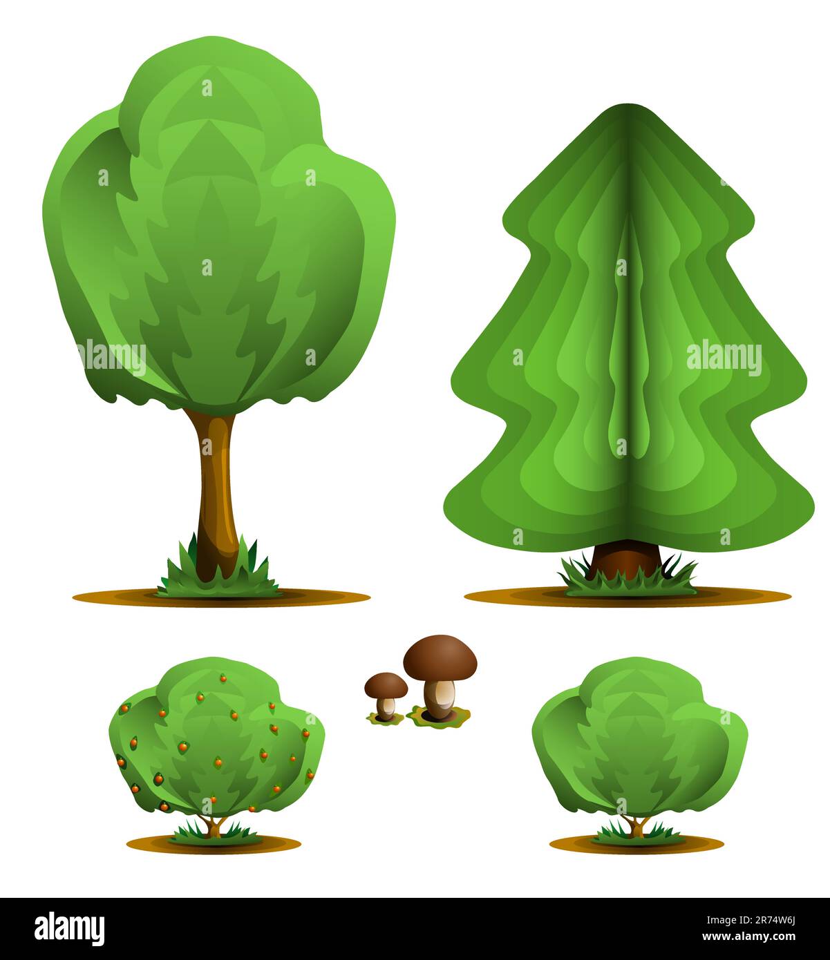 Baum, Kaminbaum, Sträucher, Pilze - Waldpflanzen setzen, Vektordarstellung Stock Vektor