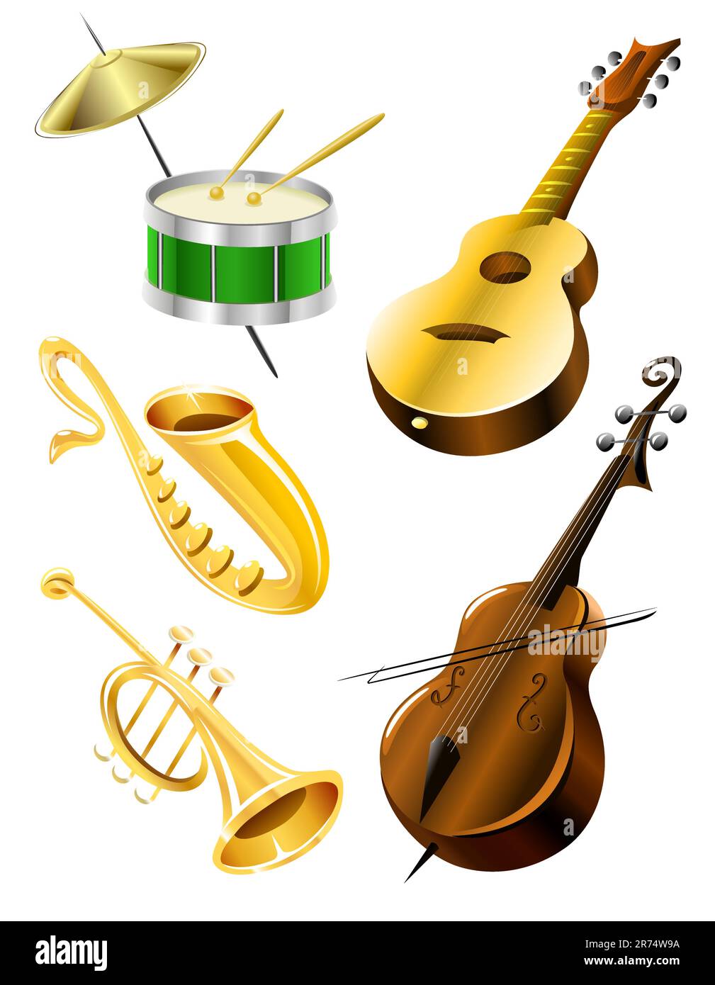 Trommel, Gitarre, Tramble, Saxophon, Kontrabas Musikinstrumente - Vektordarstellung Stock Vektor