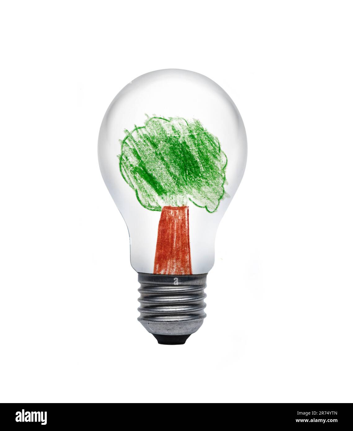 Nachhaltige Elektrizität aus einer Glühbirne als Komposition mit Kinderzeichnung Stockfoto