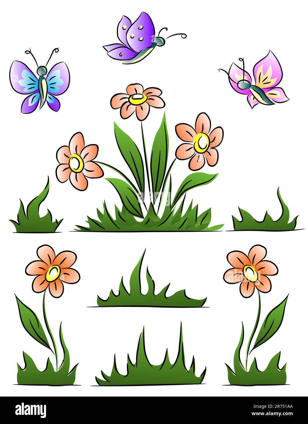 Vektordarstellung mit Blumengras und Schmetterlingen isoliert auf weißem Hintergrund Stock Vektor