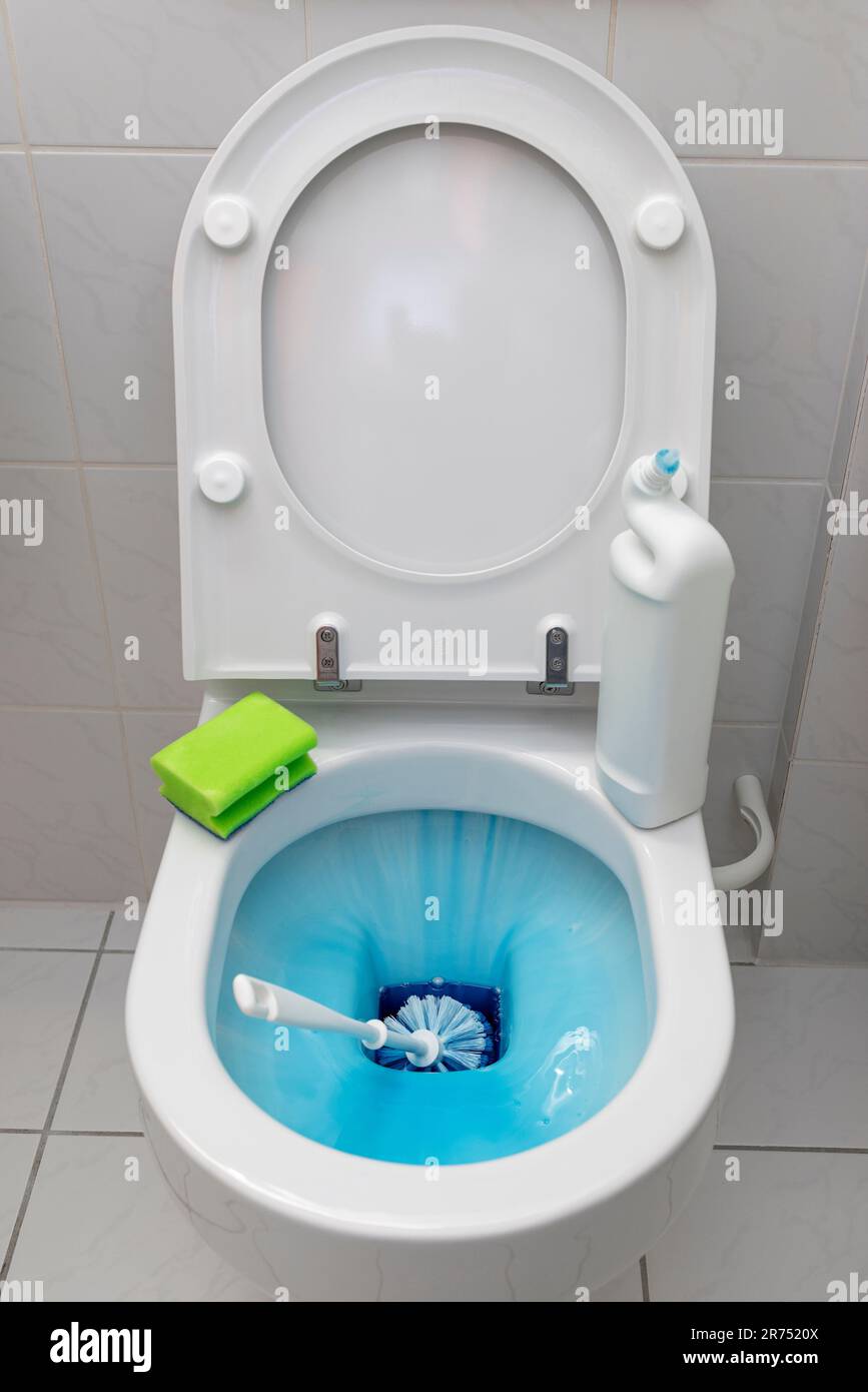 Toilette reinigen, flüssigen Toilettenreiniger einweichen lassen, Toilettenbürste, Stockfoto