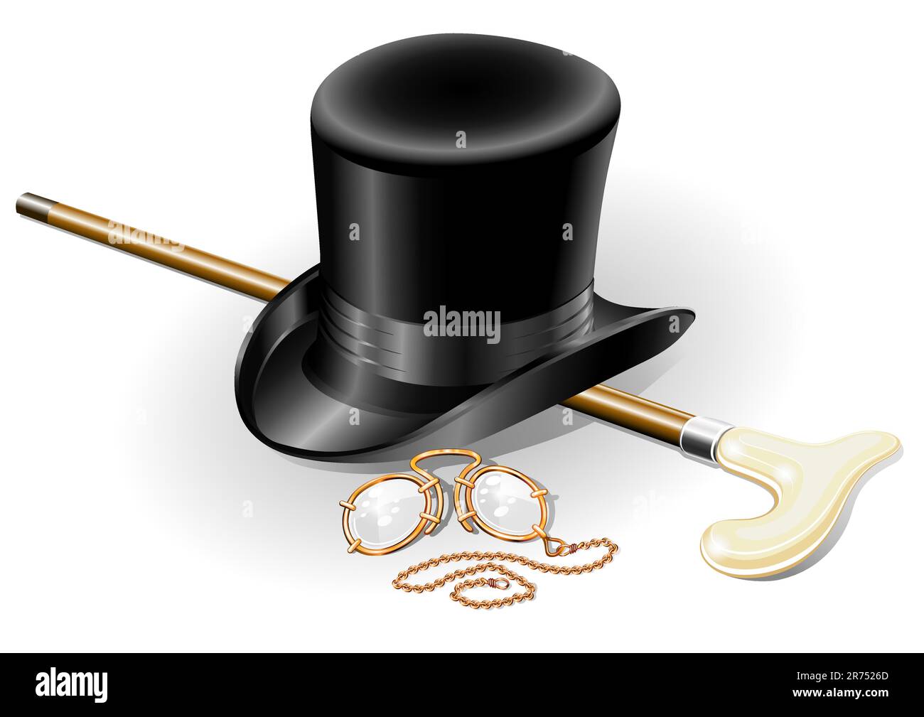 Zubehörsatz im Retro-Look mit Gehstock und Vektordarstellung mit Pince-nez-Punkt, isoliert auf weißem Hintergrund Stock Vektor