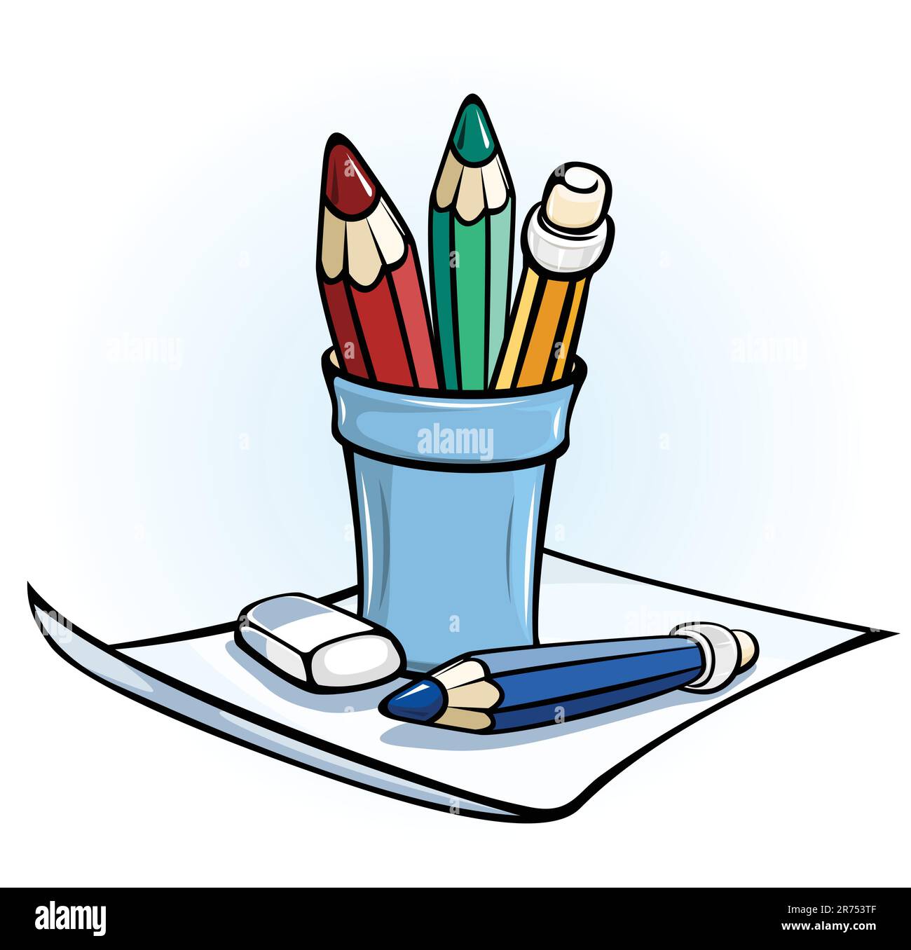 Bleistift in Glas steht auf Papier Vektorfarbe Stock Vektor