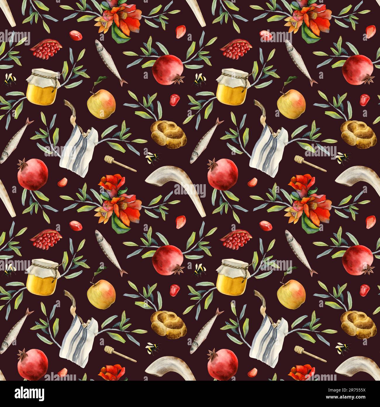 Rosh hashanah – nahtloses Aquarell auf dunkelbraun für das jüdische Neujahr mit Granatäpfeln, Honig, Äpfeln und Schofar Stockfoto