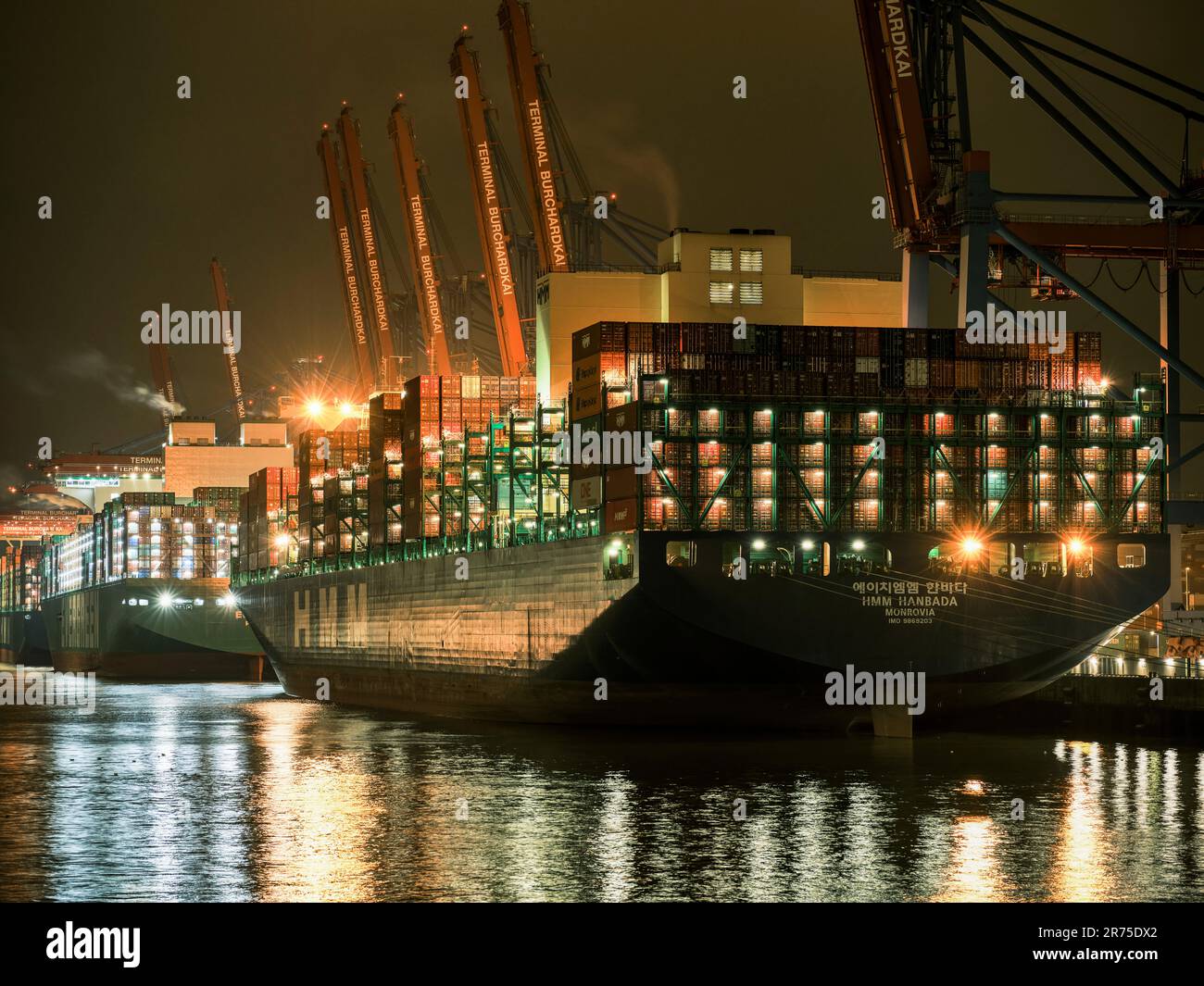 Containerschiffe im Hamburger Walterhofer Hafen Stockfoto