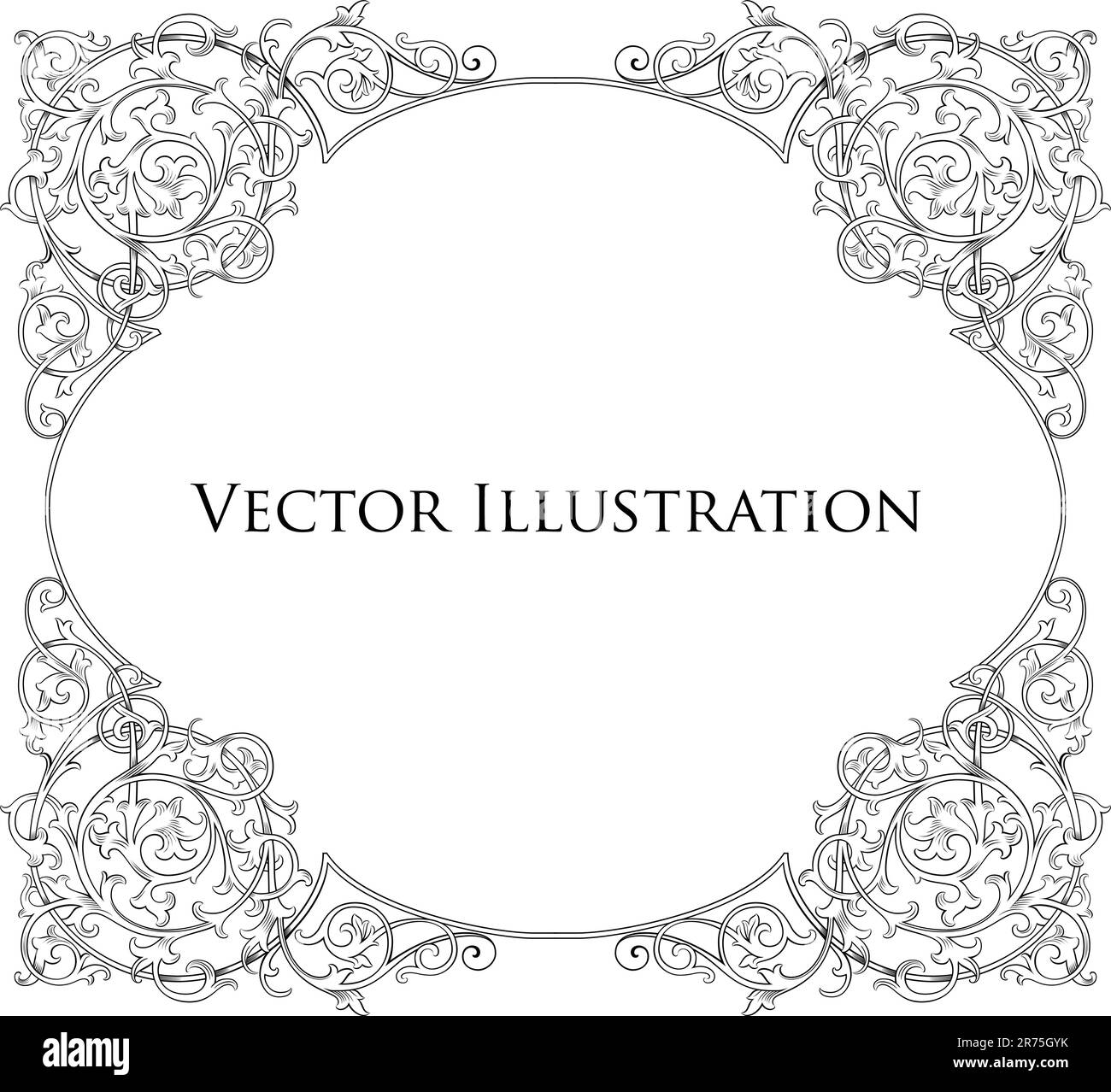 Illustration eines klassischen Blumenrahmens in Schwarz und Weiß. Stock Vektor