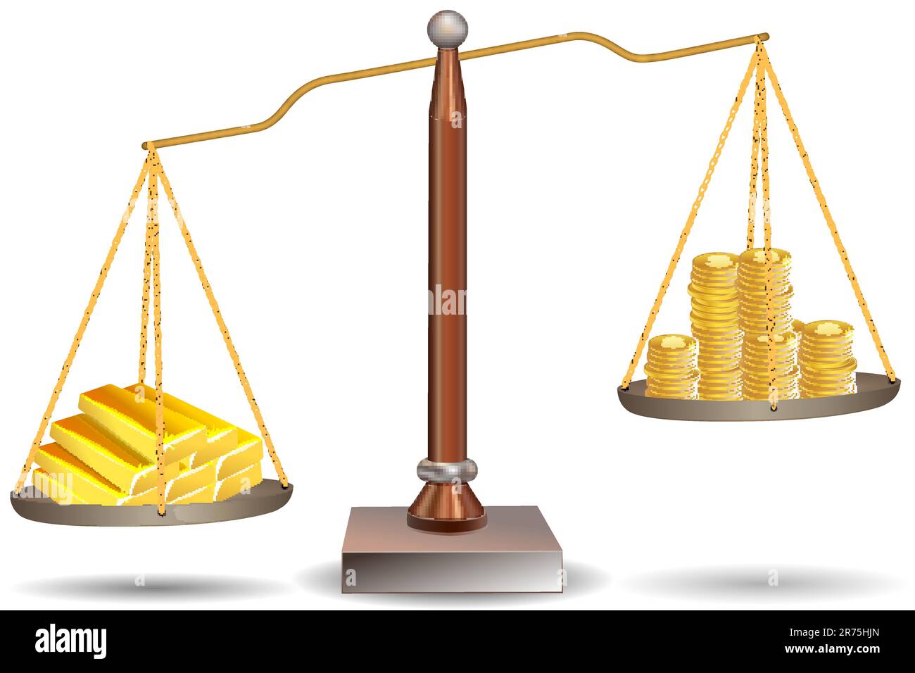 Illustration der Balkenwaage mit Dollar-Münzen und Goldbarren auf weißem Hintergrund Stock Vektor