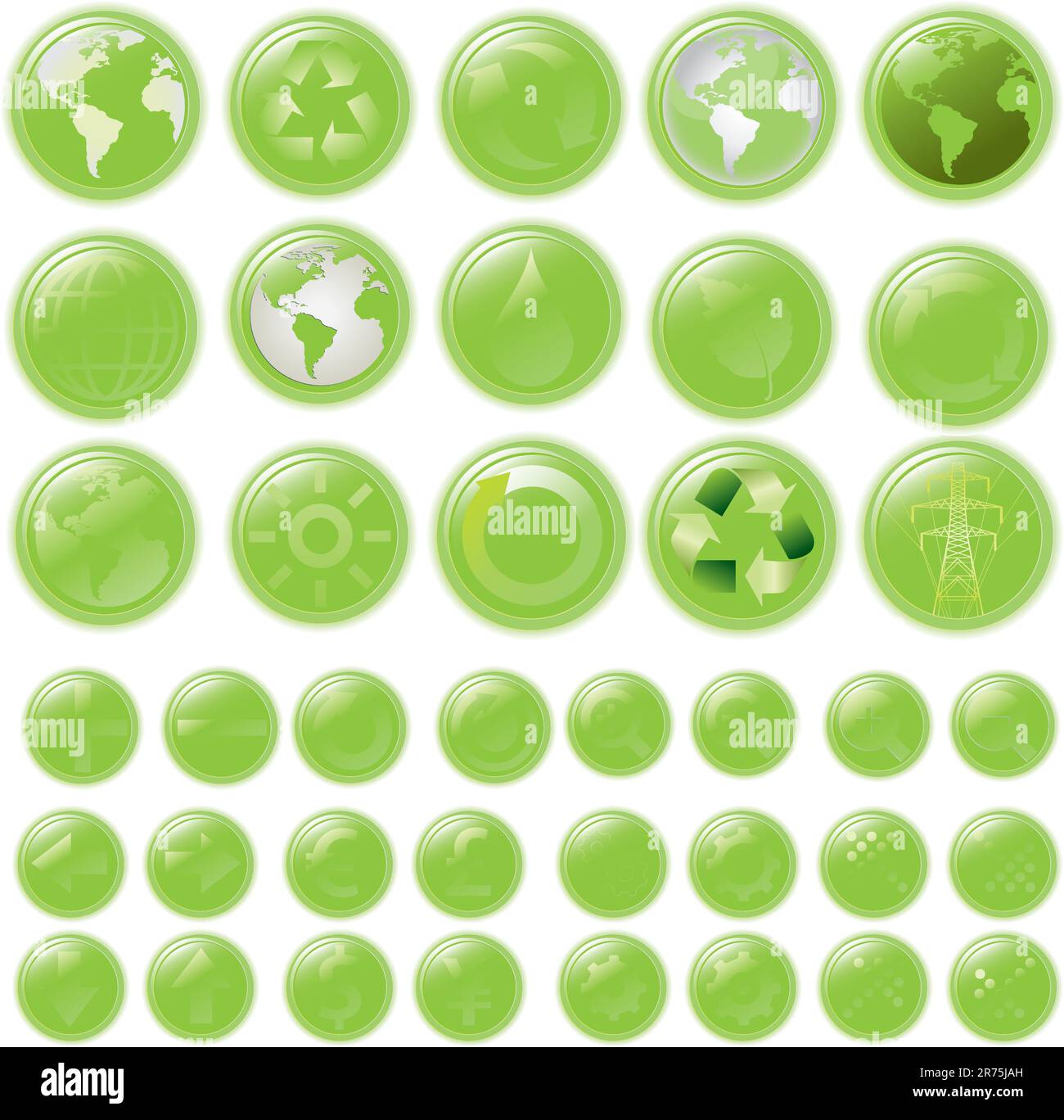 vektorsatz: Grüne Tasten – glänzende, wasserfarbene Tasten, leer und mit 39 Symbolen Stock Vektor