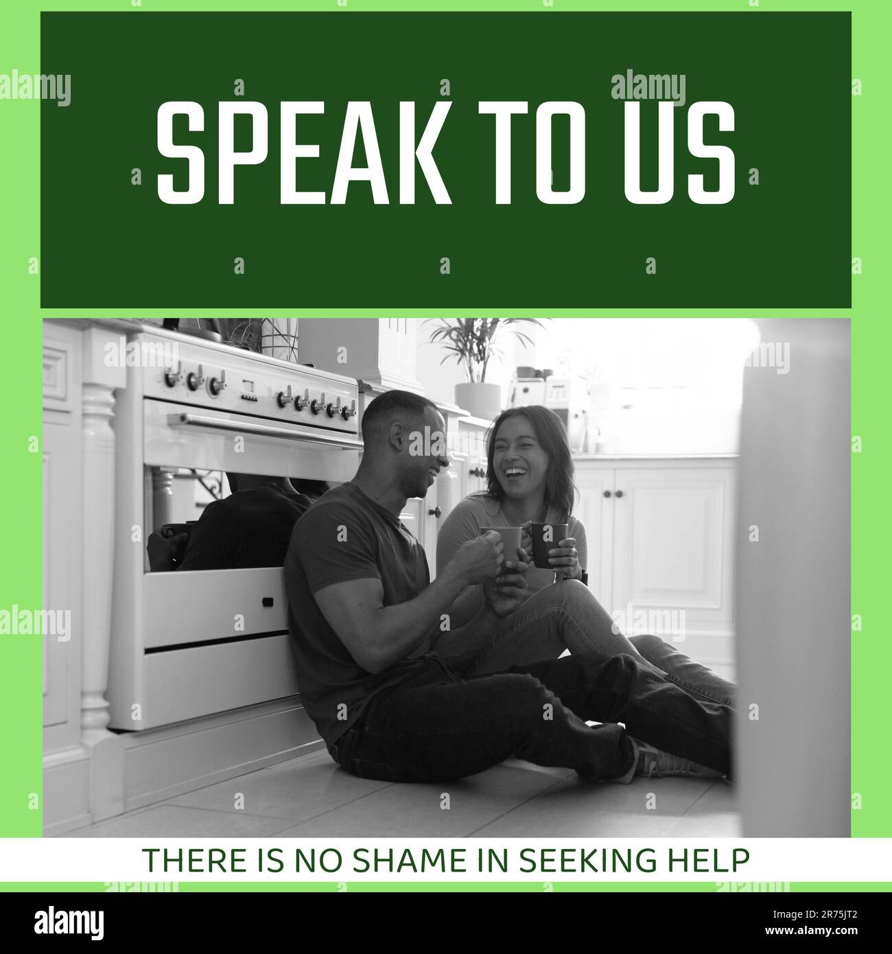 Zusammensetzung von "Rede mit uns", es ist keine Schande, Hilfe-Texte und ein birassisches Paar zu suchen Stockfoto