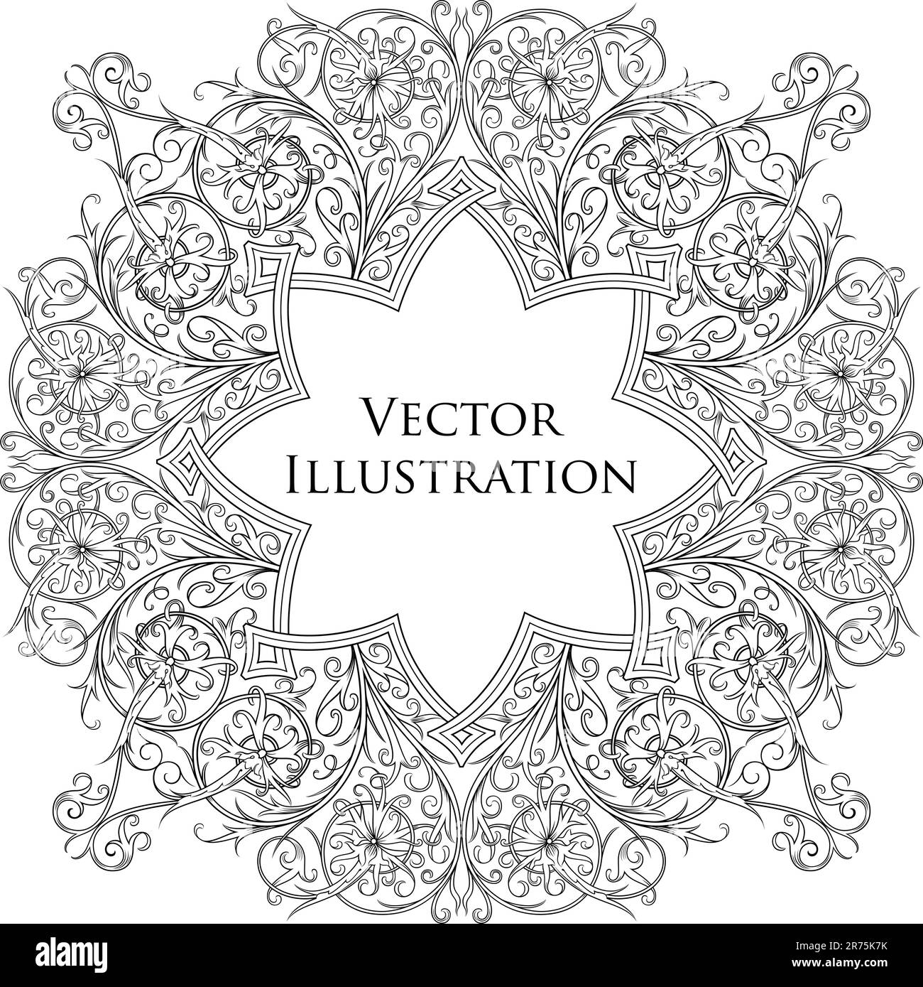 Illustration eines klassischen Blumenrahmens in Schwarz und Weiß. Stock Vektor