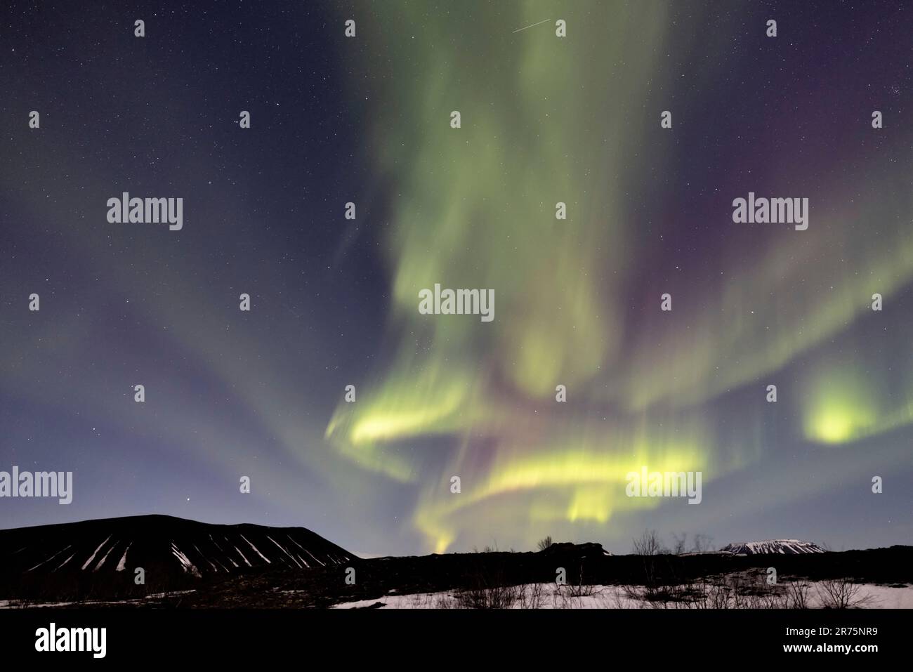 Leuchtend grüne Nordlichter am Myvatn-See im Norden Islands Stockfoto