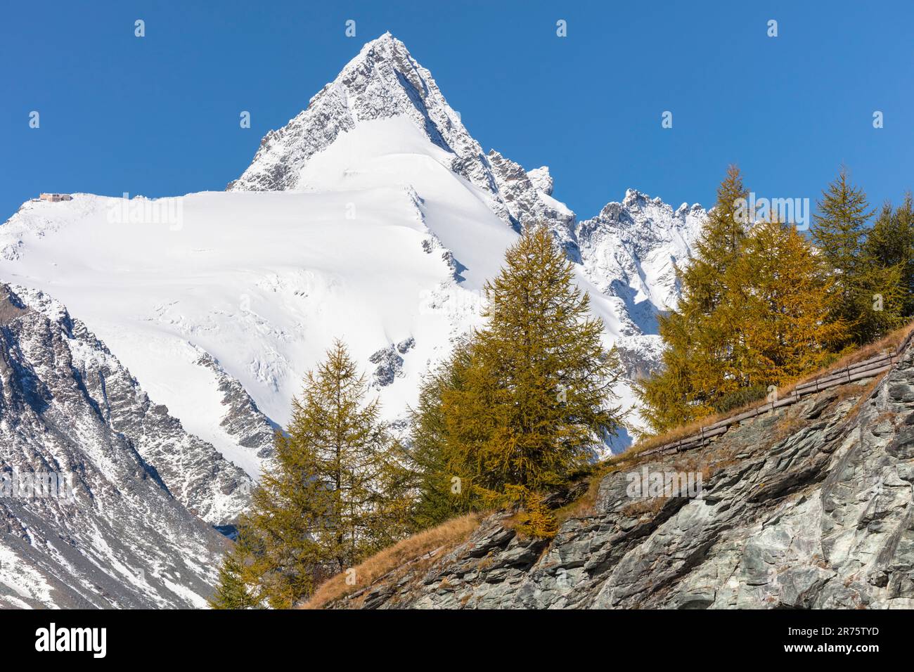 Großglockner Hochgebirgsstraße im Herbst, im Hintergrund schneebedeckte Großglockner, Lärchen, Herbstfarben Stockfoto