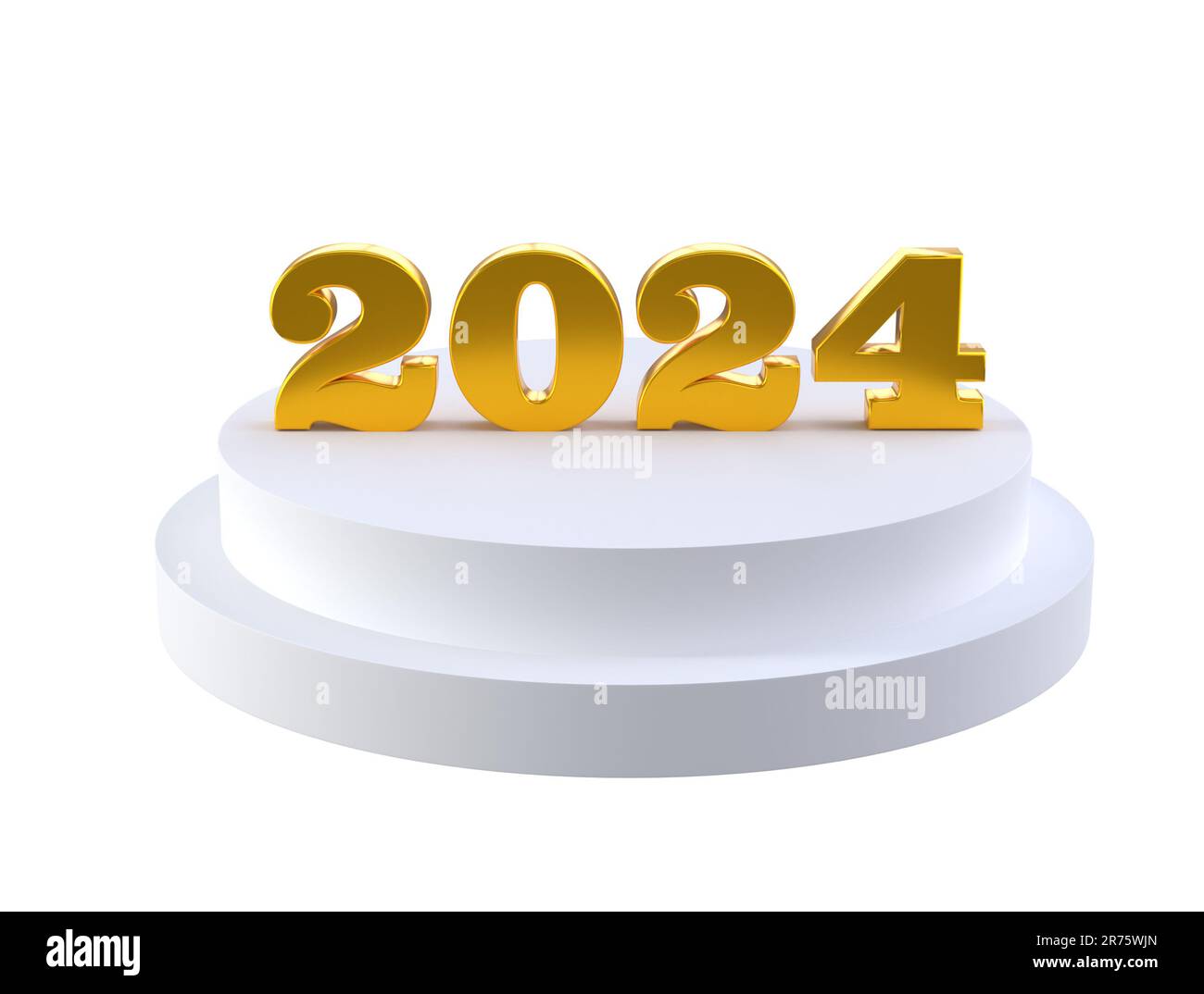 Pfad Design Frohes neues Jahr 2024 mit glänzenden 3D goldenen Zahlen auf dem weißen ...