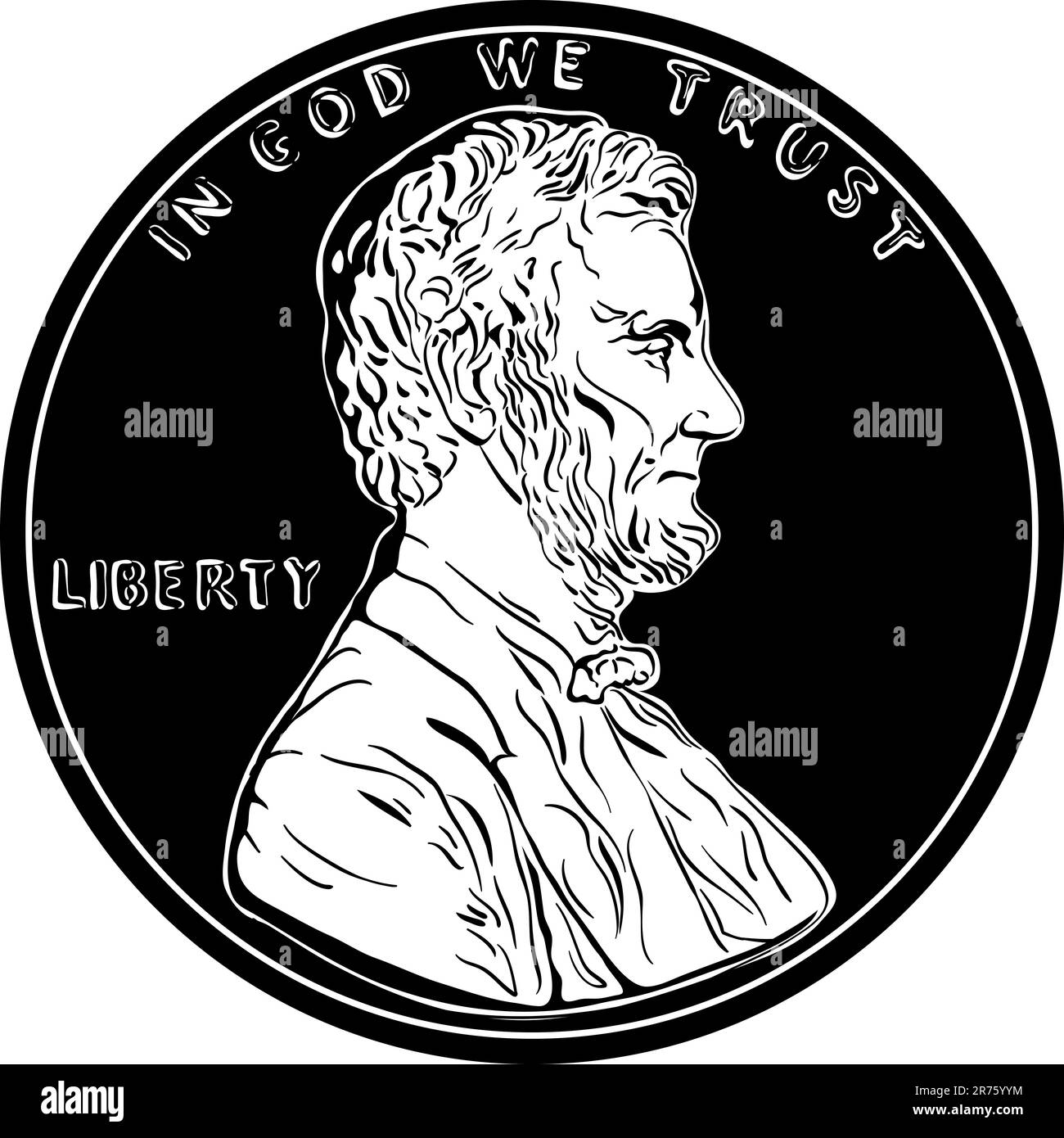 Amerikanisches Geld, Vereinigte Staaten ein Cent oder Penny, Präsident Lincoln auf der Vorderseite. Schwarzweiß-Bild Stock Vektor