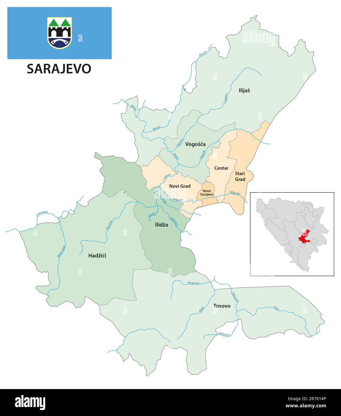 Verwaltungsvektorkarte des Kantons und der Stadt Sarajevo, Bosnien und Herzegowina Stockfoto