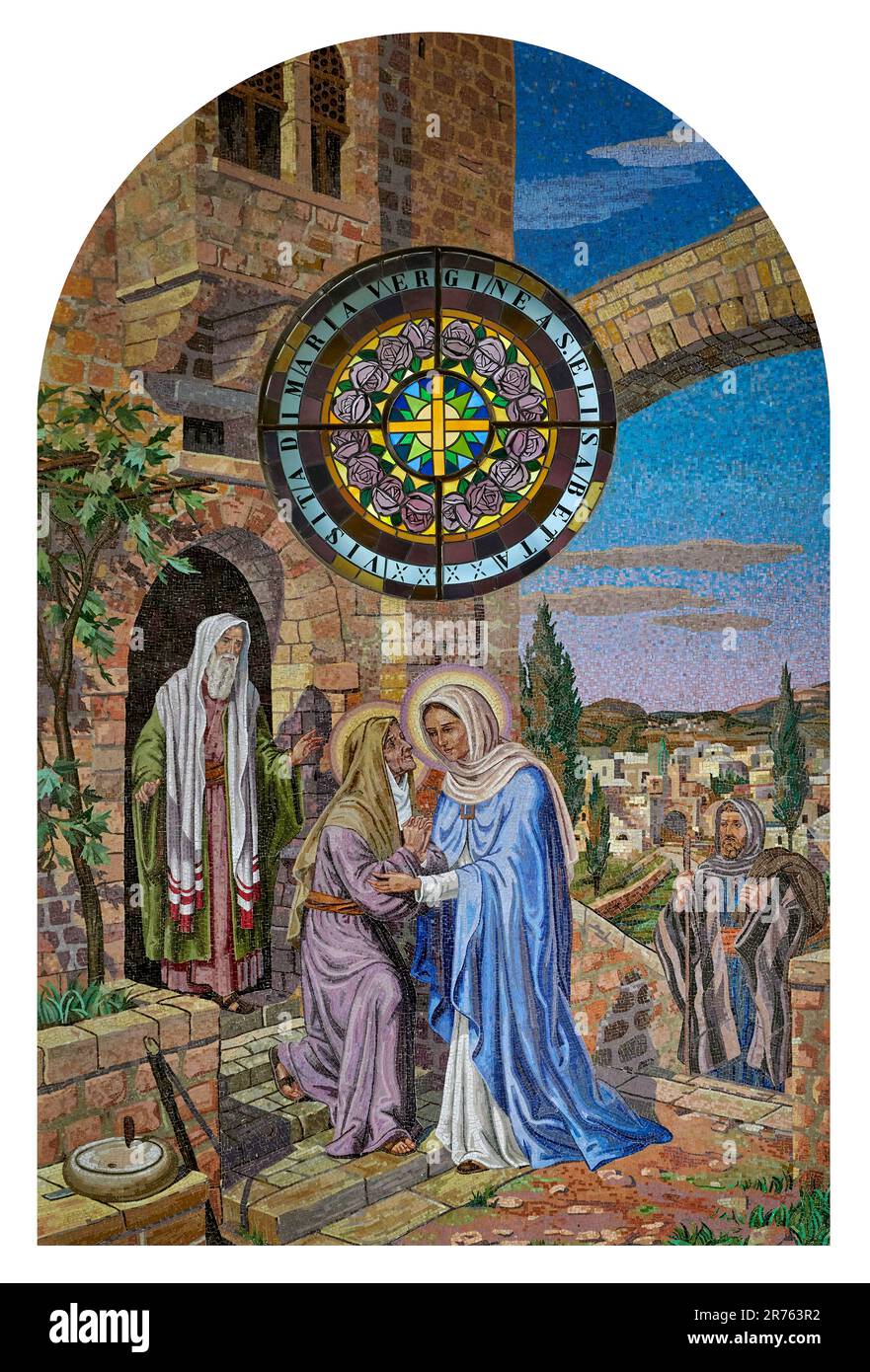 Visita di Maria vergine ad Elisabetta - mosaico - Scuola del Mosaico di Montepulciano da cartone di Fausto Conti - XX secolo Tindari (ME) Santuario Stockfoto