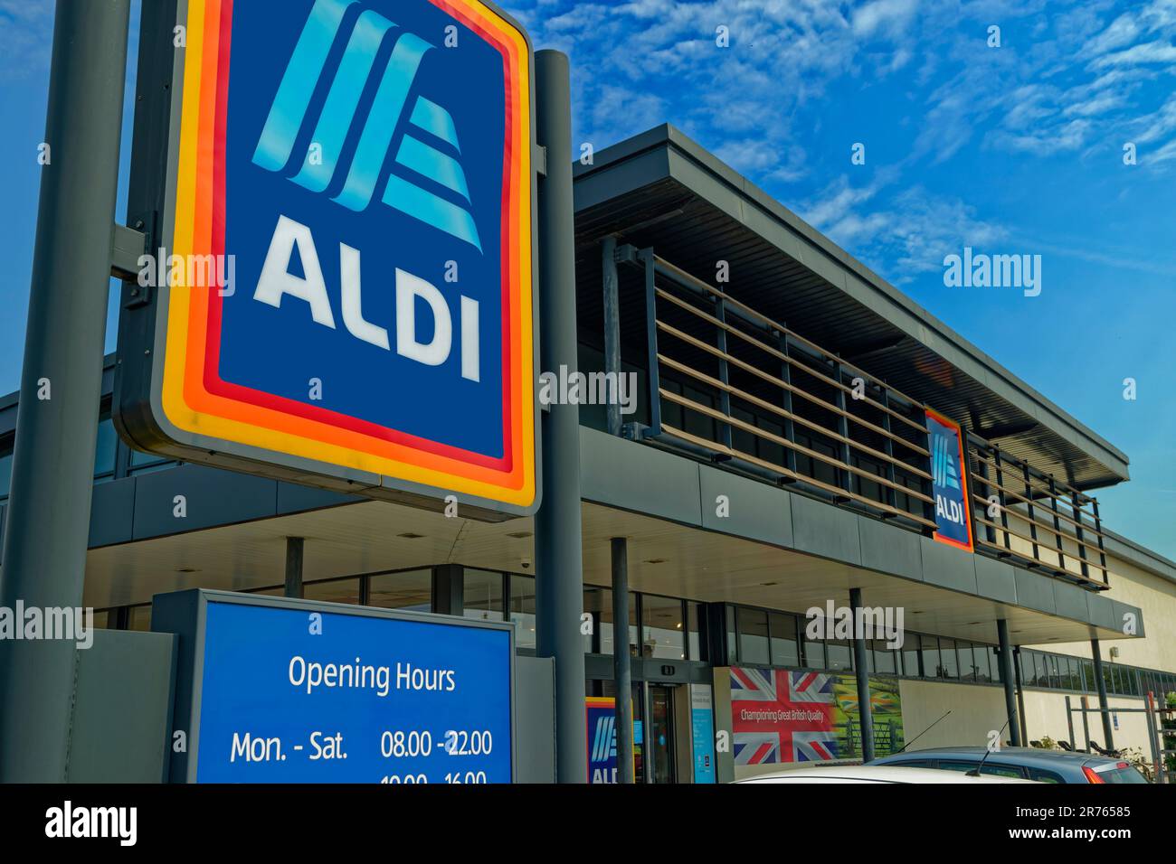 UK Aldi Einzelhandelsgeschäft in Warrington, Cheshire, England. Stockfoto