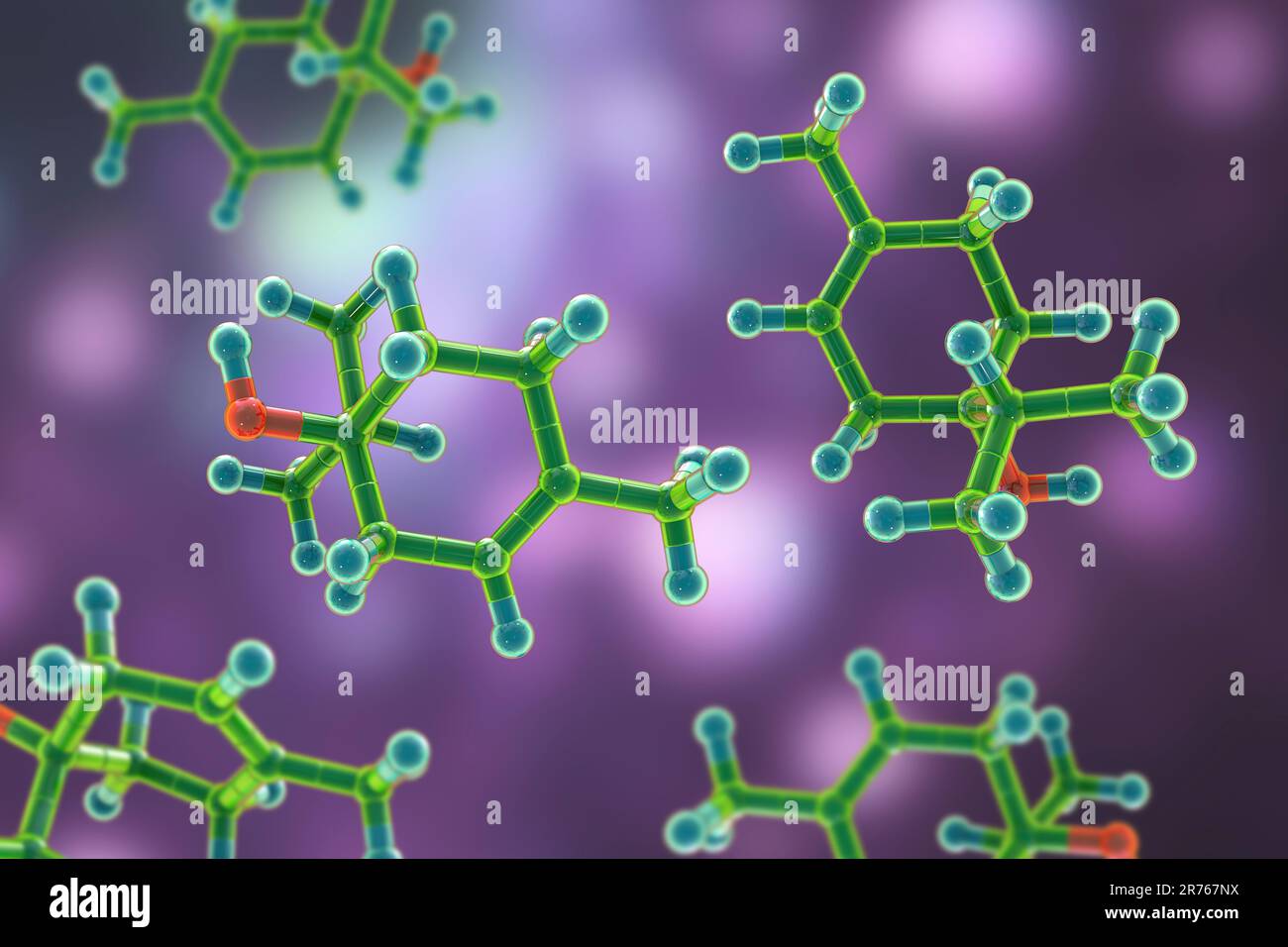 Terpinen-4-ol-Molekül, Illustration. Eine natürlich vorkommende organische Verbindung, die in Teebaumöl, Lavendelöl, Thymianöl und anderen ätherischen Ölen enthalten ist, Stockfoto