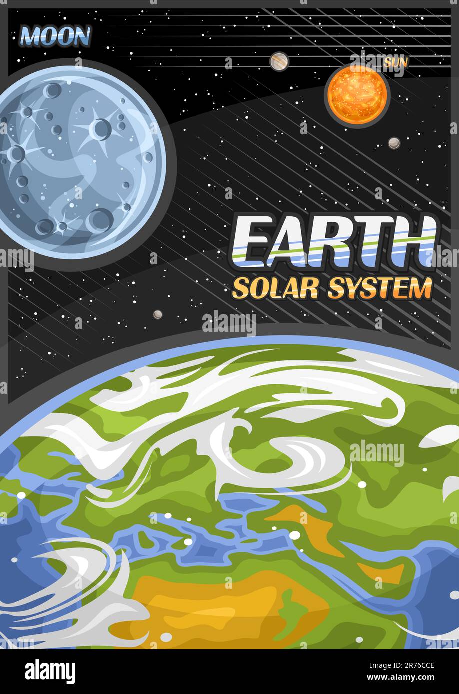 Vektorposter für die Erde, vertikales Banner mit Abbildung eines rotierenden Satellitenmonds um den Cartoon Erde Planet auf schwarzem Sternenhintergrund, de Stock Vektor