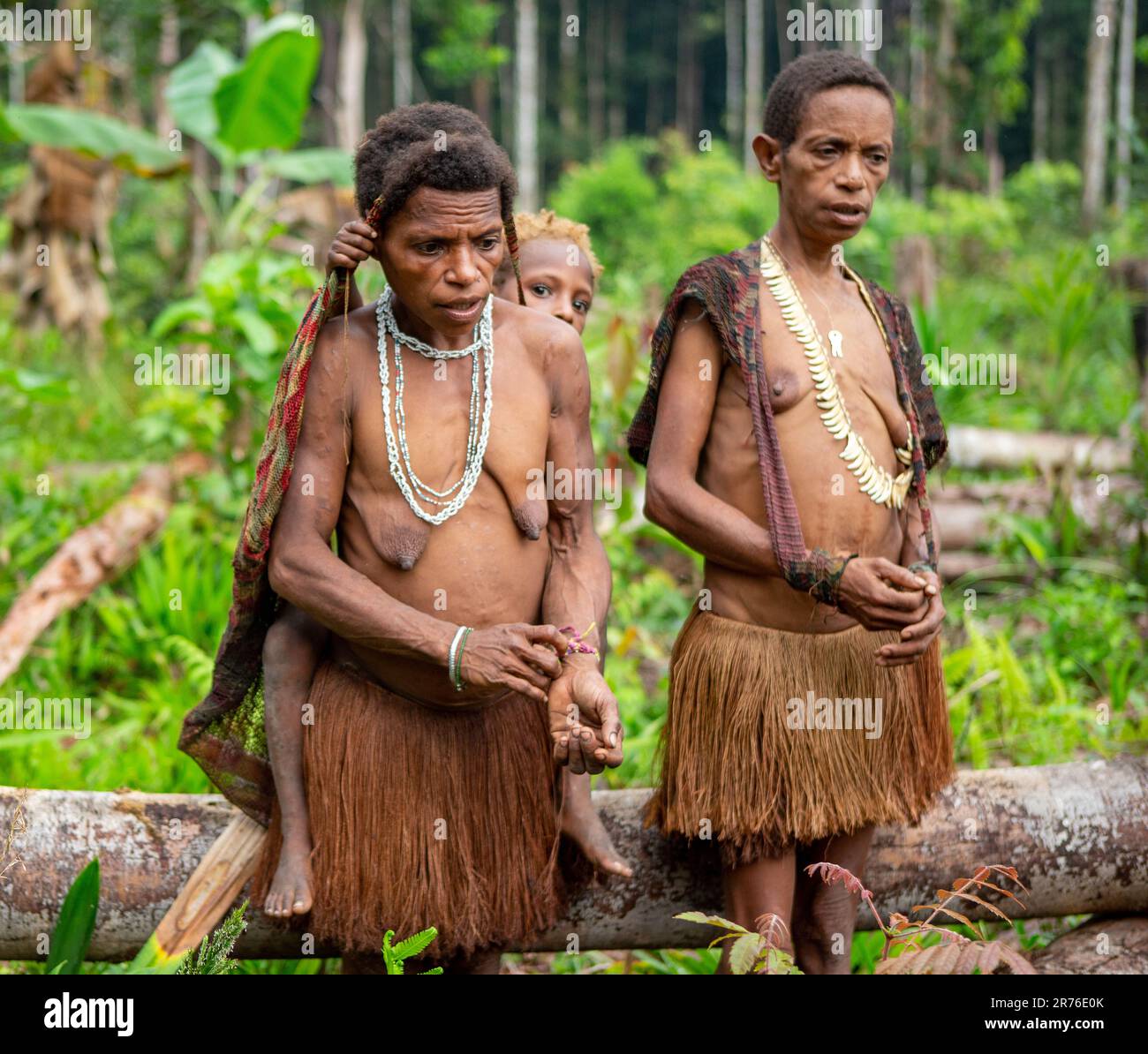 Die Bewohner des Dorfes des KorowaiStammes kehren aus dem Wald zurück