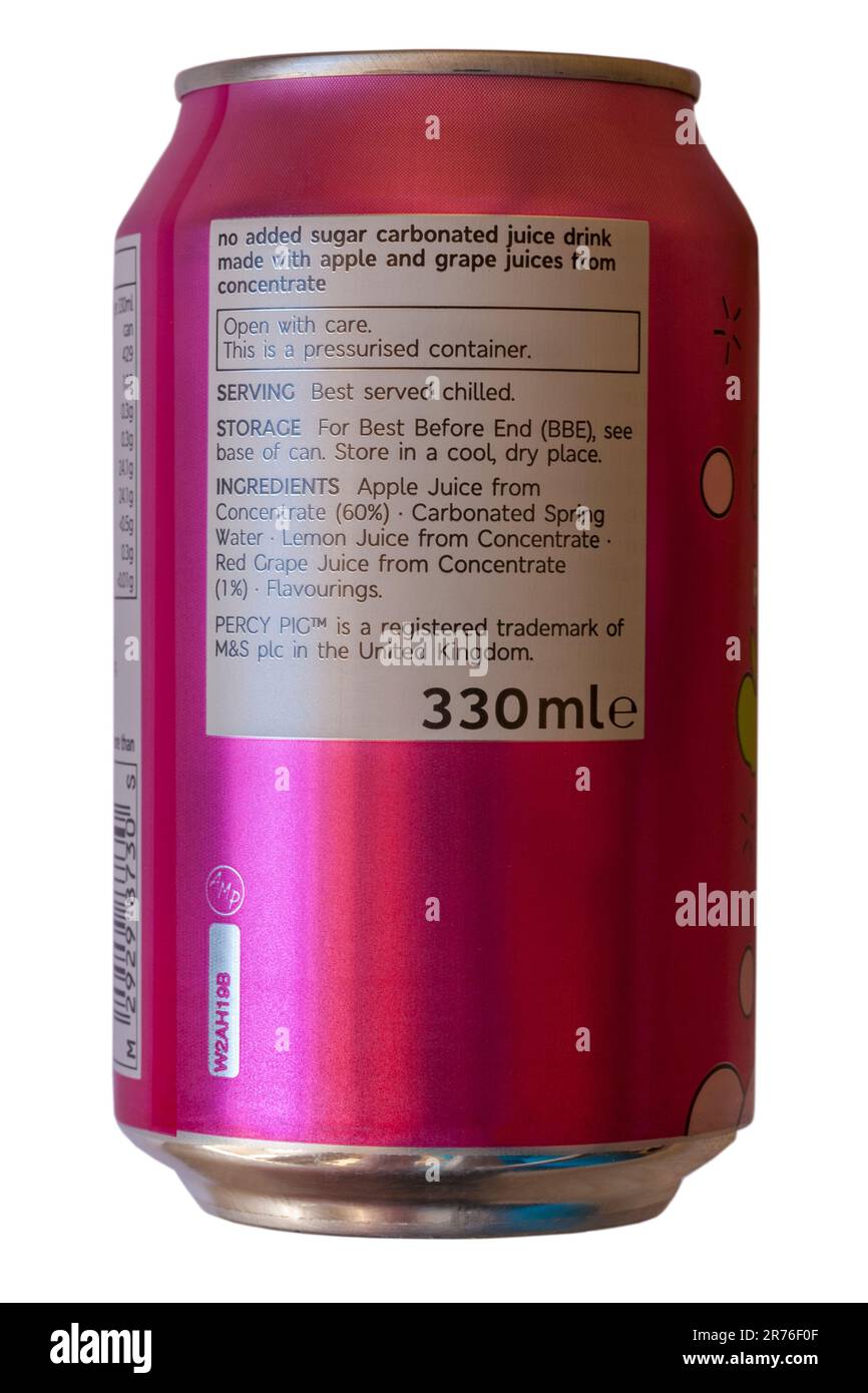 Nährwertinformationen auf der Rückseite der Dose Percy Pig phizzy Fruchtsaftgetränk von M&S hergestellt aus echtem Fruchtsaft isoliert auf weißem Hintergrund Stockfoto