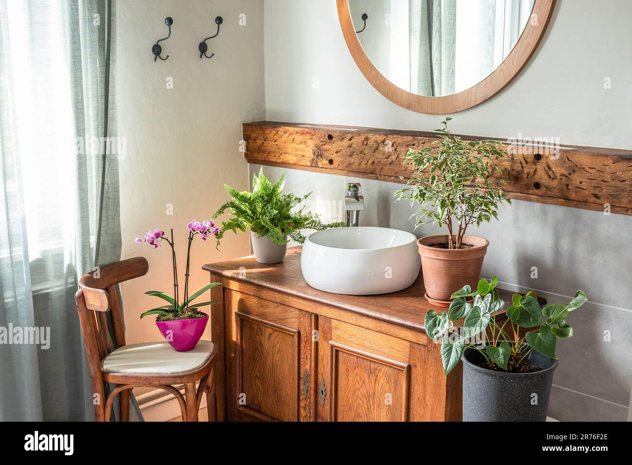 Badezimmer mit moderner Ausstattung und rustikalen Elementen und Zimmerpflanzen Stockfoto