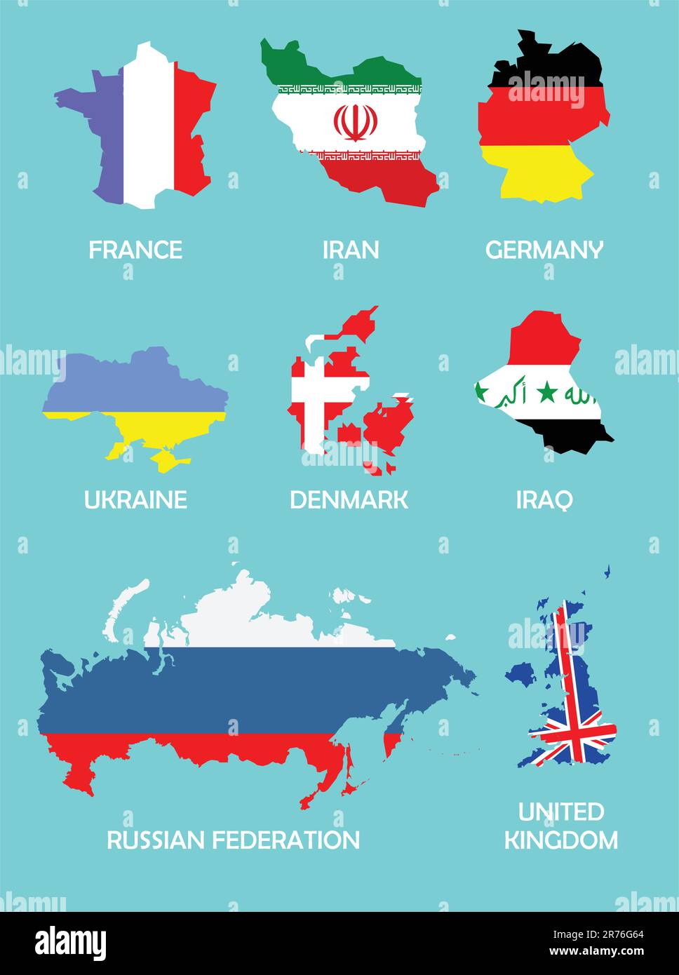 Skizzieren Sie Karten der Länder mit nationaler Flagge Stock Vektor