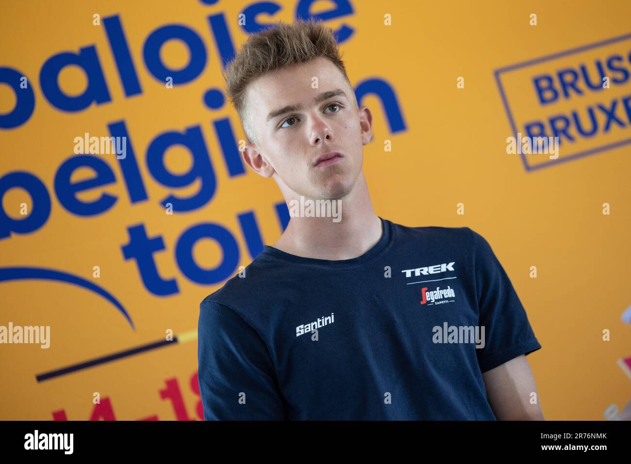 Scherpenheuvel Zichem, Belgien. 13. Juni 2023. Belgischer Thibau Nys von Trek-Segafredo, Foto auf einer Pressekonferenz vor dem Radrennen Baloise Belgium Tour, in Scherpenheuvel-Zichem, Dienstag, 13. Juni 2023. BELGA FOTO DAVID PINTENS Kredit: Belga News Agency/Alamy Live News Stockfoto