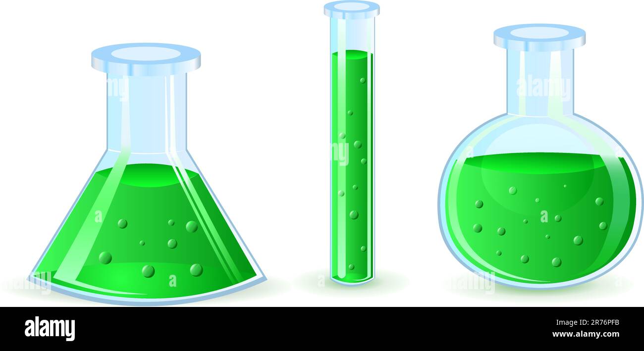 Glaskolben mit grüner Substanz, isoliert auf weißem Hintergrund Stock Vektor