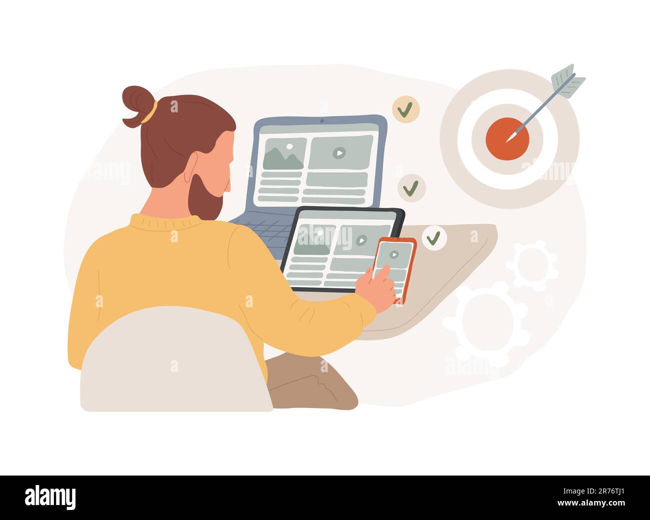 Darstellung isolierter Konzeptvektoren für mehrere Geräte. Geräteübergreifendes Marketing, Zielgruppe erreichen, Kampagne vorantreiben, Recherche zu mehreren Geräten, programmatisches Werbevektorkonzept. Stock Vektor